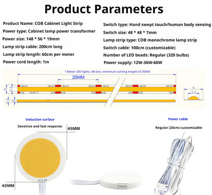 COB LED Strip Light with Hand Wave Motion Sensor | Dimmable Cabinet Lighting