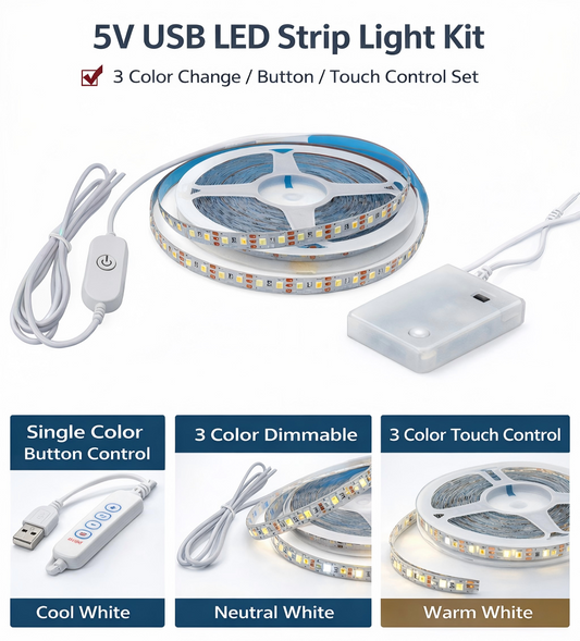 USB LED Strip Light 5V with Switch | 3 Color Modes Dimmable Lighting Kit
