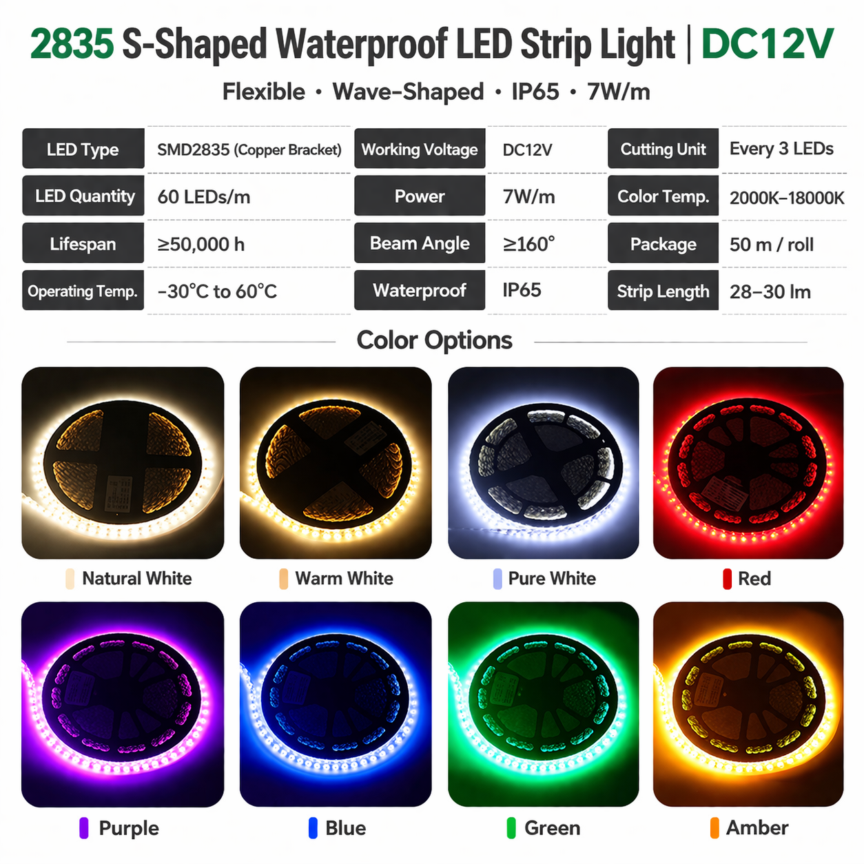 2835 S Shape LED Strip Light 12V IP65 Flexible Wave Strip for Sign Lighting