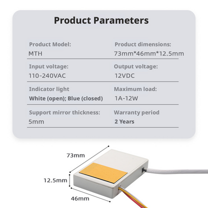 Interruptor Tátil para Espelho Inteligente – Dimmer de Controle Único Ultrafino de 8mm para Espelho LED de Banheiro (12V / 24V)