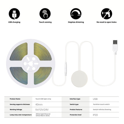 USB 5V COB LED Strip Light with Hidden Touch Sensor | Dimmable Under Cabinet Lighting