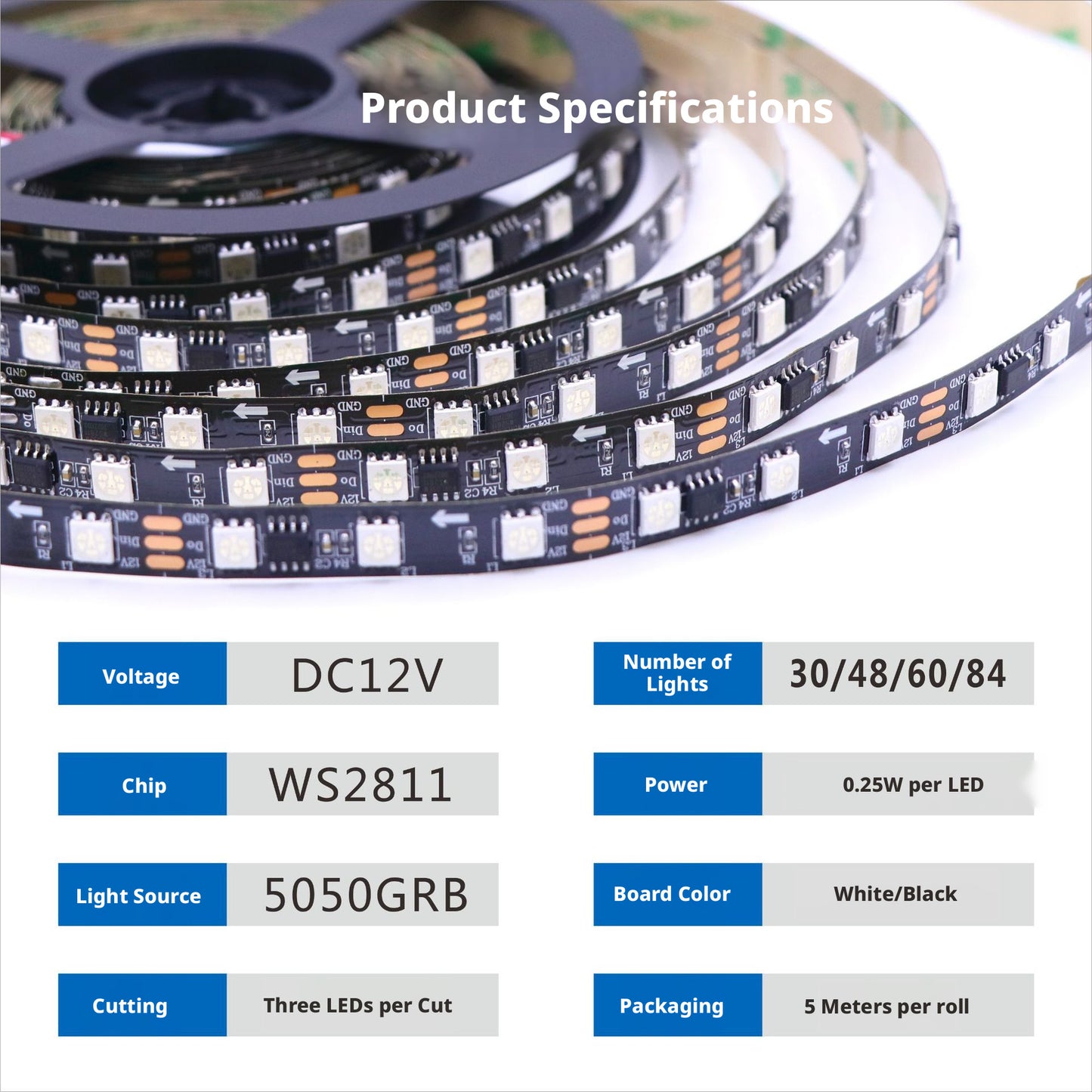 WS2811 12V RGB Addressable LED Strip 5050 | Programmable SPI LED Strip (30-96 LEDs/m)