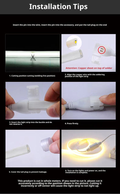 High Voltage COB LED Strip Light 110V 220V Silicone Waterproof Flexible