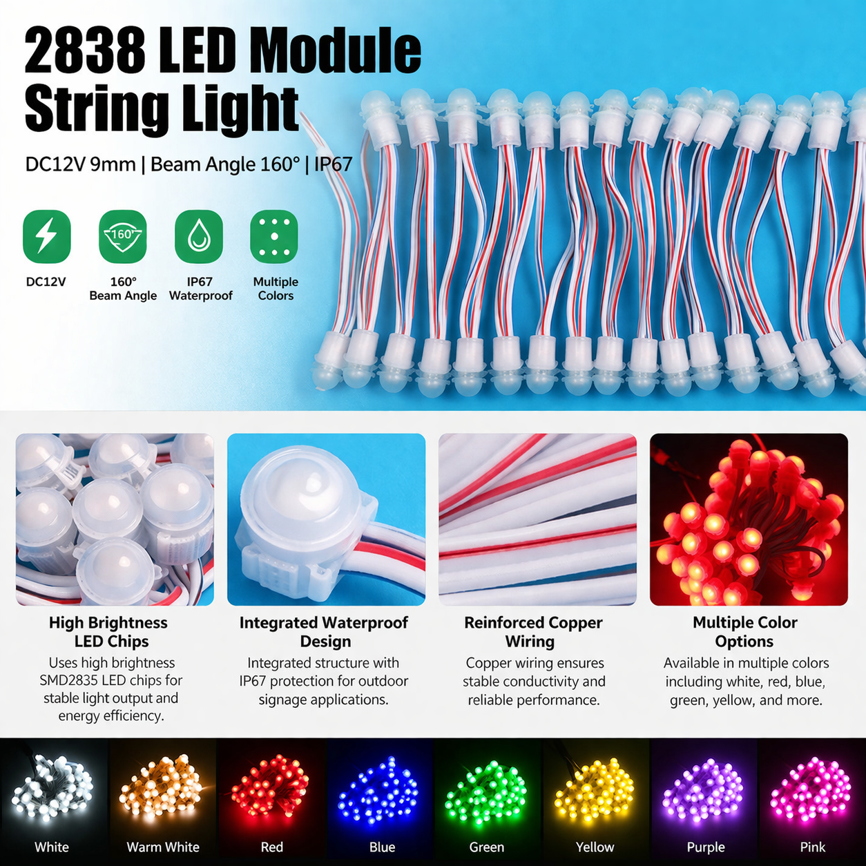 LED Module String Light SMD2838 12V 9mm IP67 Outdoor Sign Light